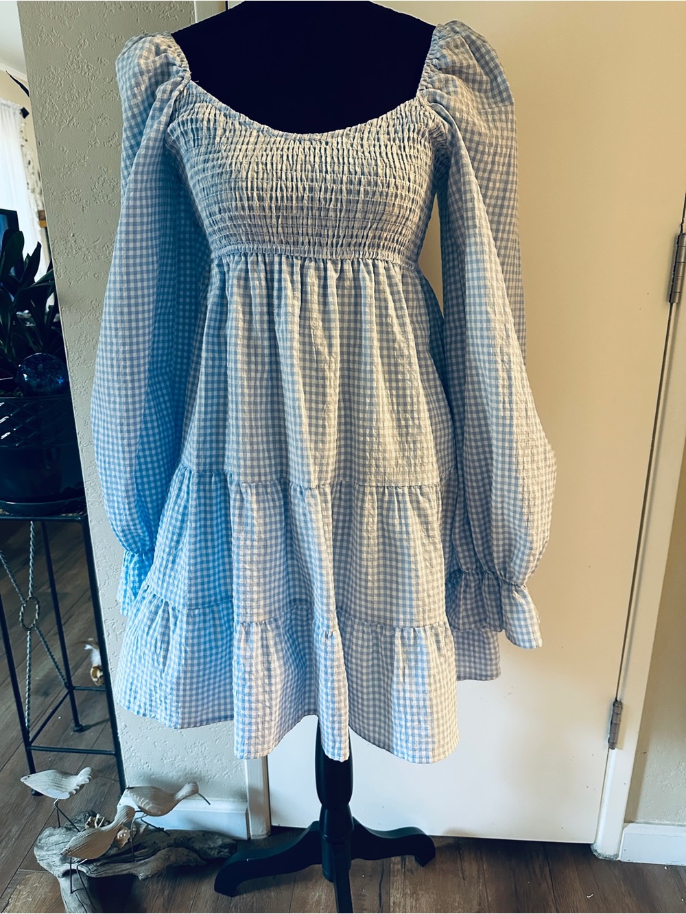 Blu Pepper Gingham Mini Dress -Medium- Square Neck Babydoll blue & white